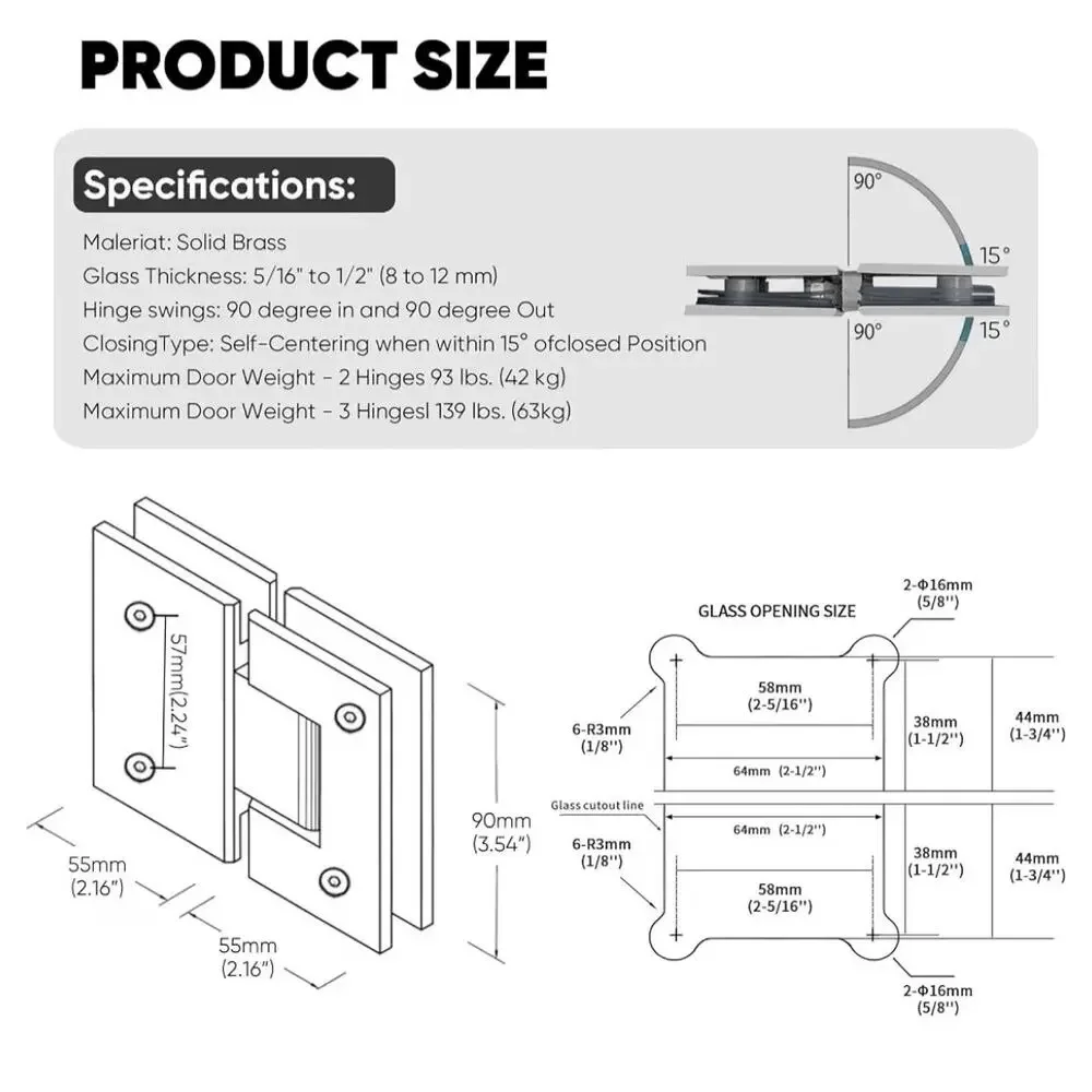 AatrixQuayn 180° Shower Door Hinges 2 Pack Solid Brass Brushed Gold 8-12mm